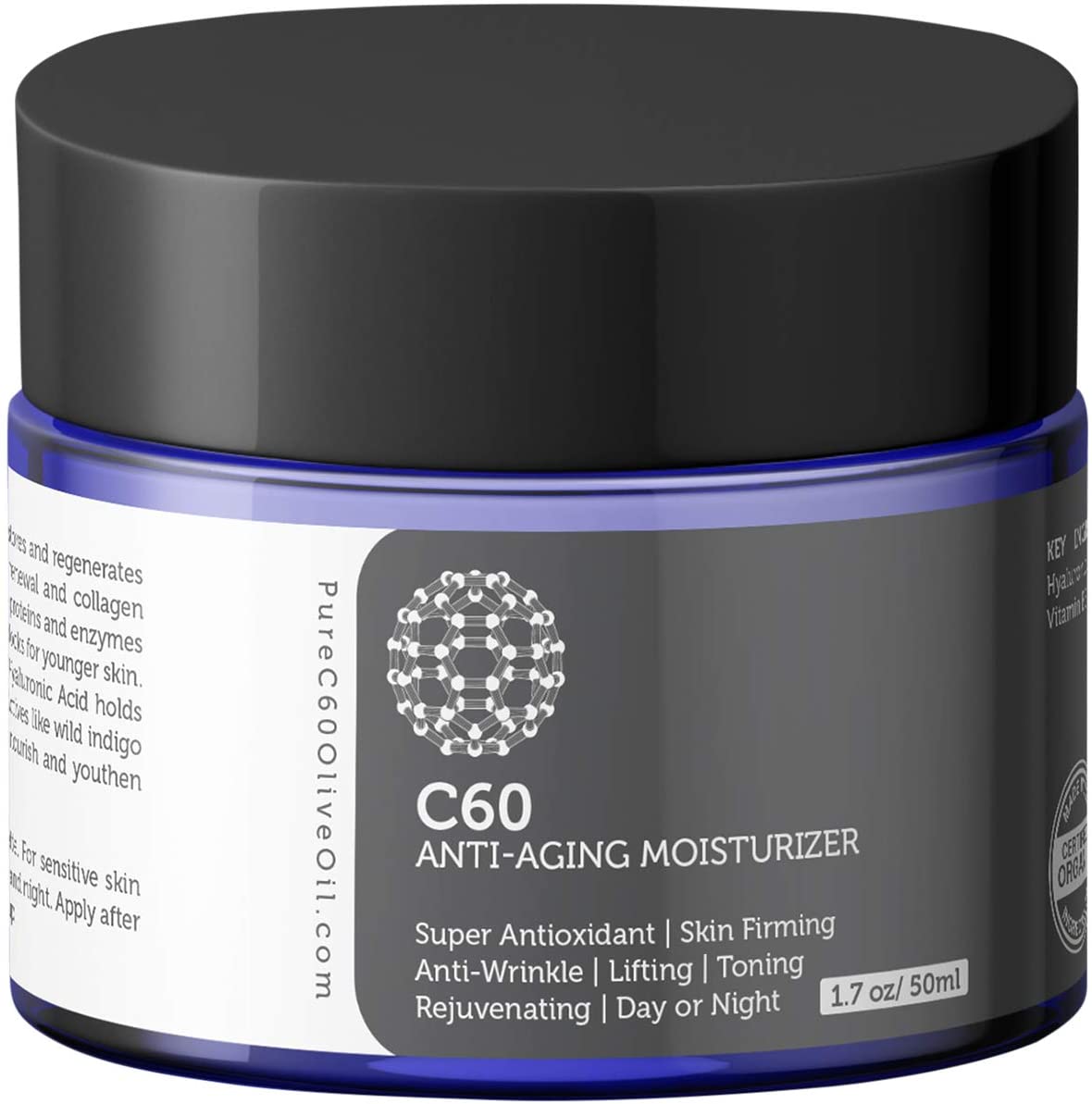 PureC60OliveOil Carbon 60 Anti-Aging Moisturiser 50ml with Hyaluronic Acid, Vitamins B + C + E & CoQ 10 for Men & Women Made With Organic Ingredients - From The Leading Global Producer