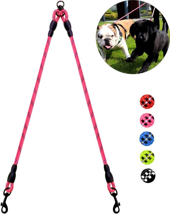 Taglory Dog Lead Splitter,Reflective 2 Dog Lead for Puppy Small Medium Dogs,30 inches Pink