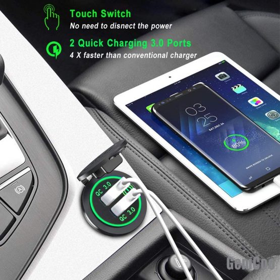 Quick Charge 3.0 USB Car Charger Socket 12V/24V 36W Dual QC3.0 USB Fast Charger Socket Power Outlet with Touch Switch for Marine, Boat, Motorcycle, Truck, Golf Cart (Green) - Image 2