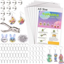 TUPARKA 81 Pcs Shrink Plastic Sheet Kit，Includes 20 Blank Heat Shrink Art Paper Sheets，Hole Punch,30 Keychains,20 Ear Hooks and 10 Brooches，Shrink Film Paper Craft Accessories for Kids