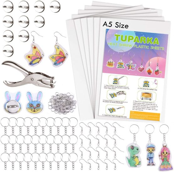 TUPARKA 81 Pcs Shrink Plastic Sheet Kit，Includes 20 Blank Heat Shrink Art Paper Sheets，Hole Punch,30 Keychains,20 Ear Hooks and 10 Brooches，Shrink Film Paper Craft Accessories for Kids