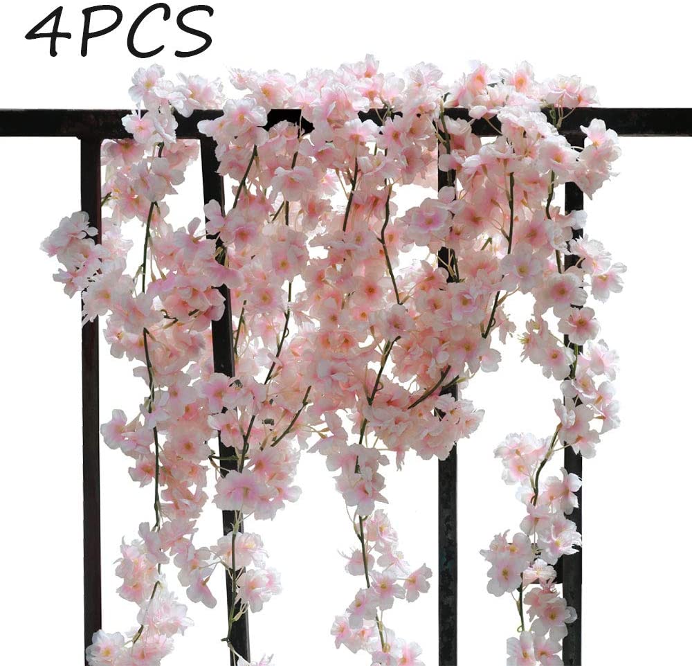COSCHANO 4 Pack Artificial Cherry Blossom Wall Hanging Cherry Vine Silk Floral Garland Flowers String Fake Flowers Garland for Home Wedding Arch Outdoor Garden Wall Decor Party Decoration,5.9 Feet