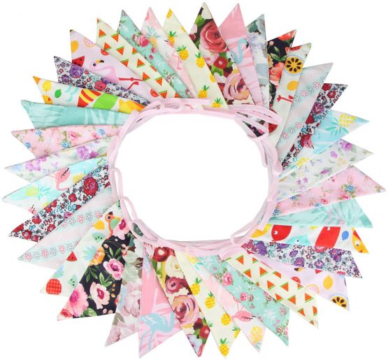 G2PLUS Large Cotton Fabric Bunting Banner 32.8 Feet Double Sided Triangle Flag Garland 36PCS Floral Pennants, Vintage Cloth Shabby Chic Decoration Wedding Birthday Parties