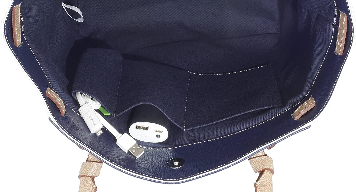 StilGut® Marina, Genuine Italian Leather Handbag with integrated Power Bank and Magic Twin cable, dark blue/white - Image 3
