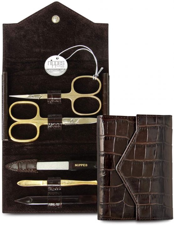 Nippes Solingen Croco Manicure Set 5 Pieces Gold Plated Instruments Genuine Cowhide Leather Case in Crocodile Design with Press Stud Nippes Premium Line Dark Brown Gold-Plated - Image 2