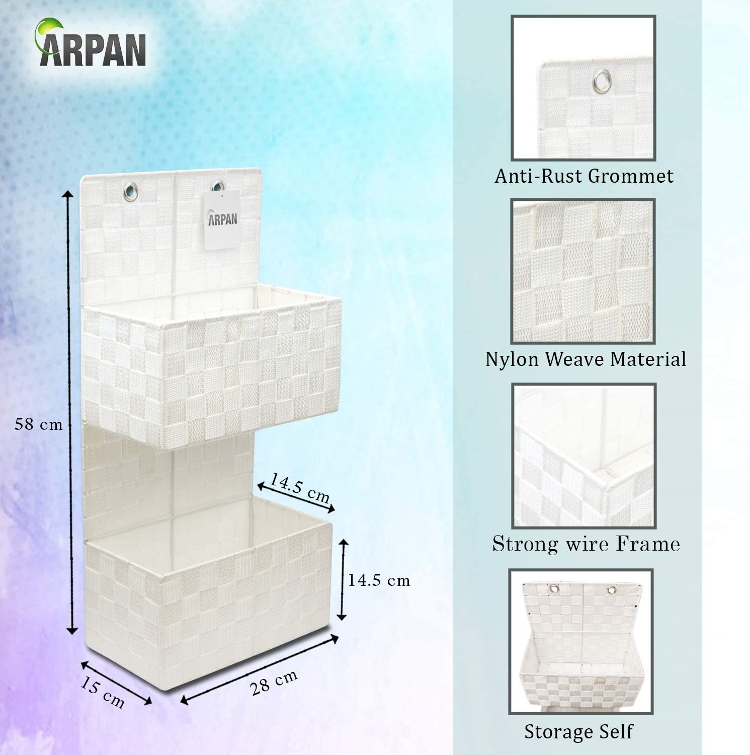 ARPAN Wall Hanging 2-Shelf Storage Basket, Nylon Hanging Storage Organiser for Bathroom Home or Office, 28 x 15 x 58 cm (White) - Image 2
