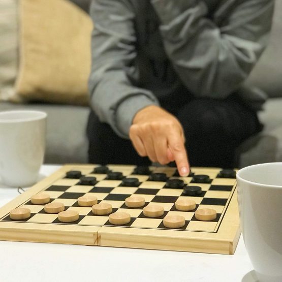 Big Game Hunters Pine Wooden Travel Draughts Set with Folding Board 30 x 30, Superior Varnished Checkers and Cotton Bag - Image 4