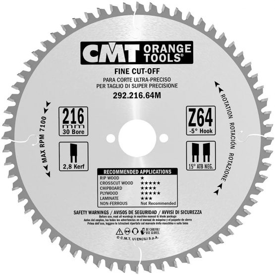 CMT Orange Tools 292.216.64 M – Circular Saw 216 x 2.8 x 30 Z 64 ATB -5 Degrees