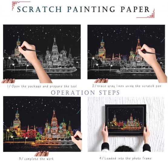 SiYear Scratch Paper Rainbow Painting Sketch, City Series Night Scene,Scratch Painting Creative Gift,Scratchboard for Adult and Kids with 4 Tools'' (Russia and Venice - Image 2