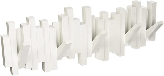 Umbra Sticks Multi Hook Coat Rack - Modern, Unique, Space-Saving Wall Mounted Coat Hanger with 5 Flip-Down Hooks for Hanging Coats, Scarves, Purses and More, White