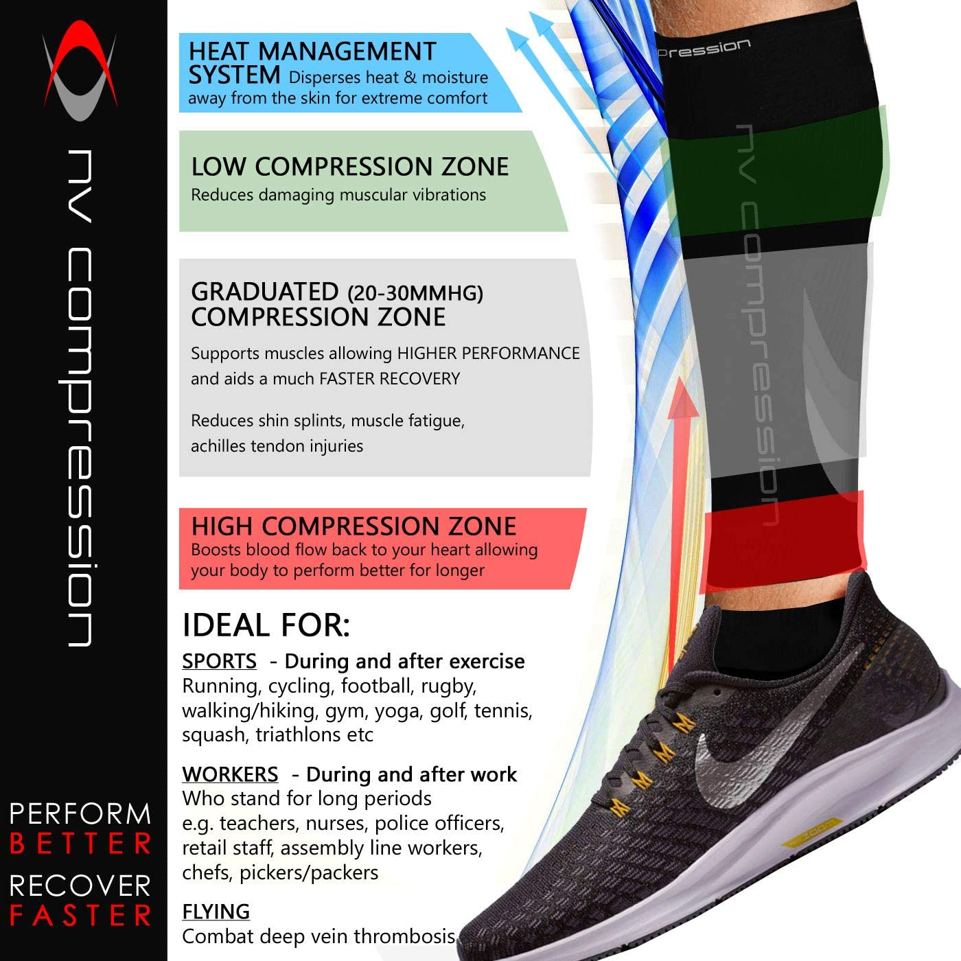 NV Compression Essential Race and Recover Calf Guards/Sleeves (PAIR) 20-30mmHg, for Sports Recovery Shin Splints, Medical - Image 4