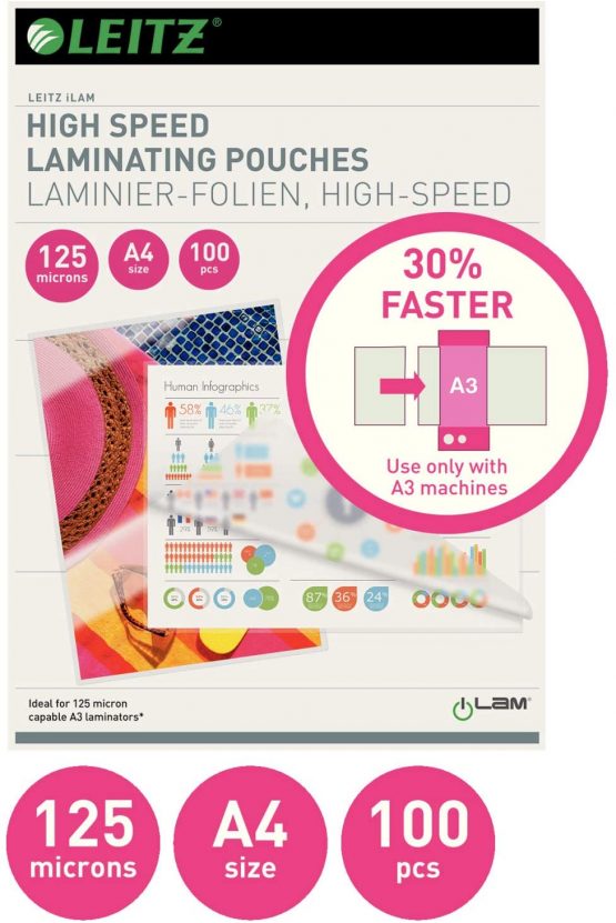 Leitz Laminating Pouches Made of 125 Micron Thick Material (Transparent, Glossy, A3) - Pack of 100
