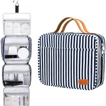 Hanging Travel Toiletry Bag, Large Capacity Wash Bag Waterproof Cosmetic Bag Makeup Organizer with 4 Compartments & 1 Sturdy Hook for Women/Men (Navy Blue & White Striped)