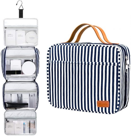 Hanging Travel Toiletry Bag, Large Capacity Wash Bag Waterproof Cosmetic Bag Makeup Organizer with 4 Compartments & 1 Sturdy Hook for Women/Men (Navy Blue & White Striped)