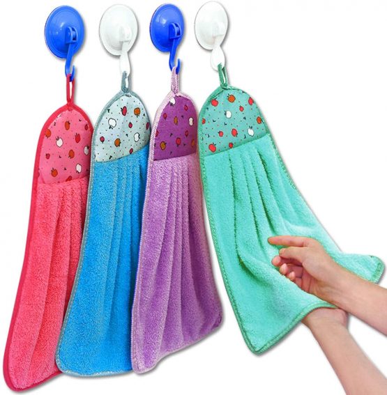 Icecode 4 Pcs Hand Towel for Kitchen Hanging Loop Soft Coral Small Soft Dish Towels Wipe Cloth for Kitchen Bathroom Use