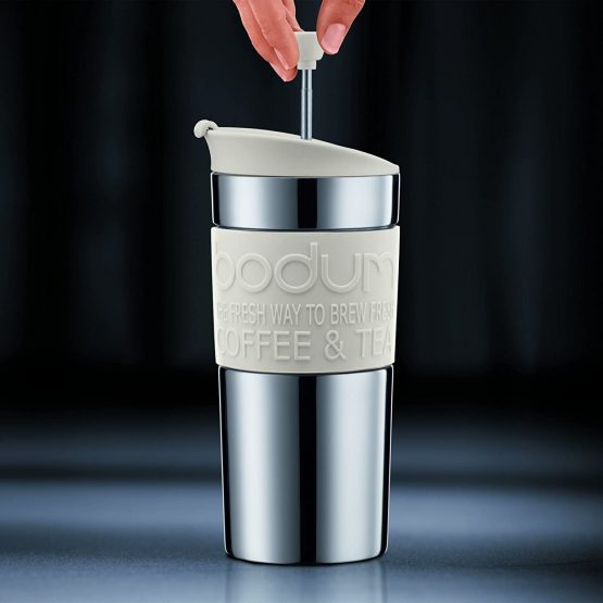 BODUM Travel French Press Coffee Maker Set, Stainless Steel with Extra Lid, Vacuum, 0.35 L/12 oz, White - Image 3