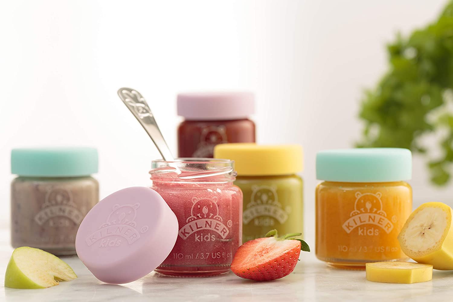 Kilner Kids Glass Baby Food Jars Set of 6 x 190ml Reusable Glass Jars with Airtight Silicone Lids in Purple, Yellow - Image 3