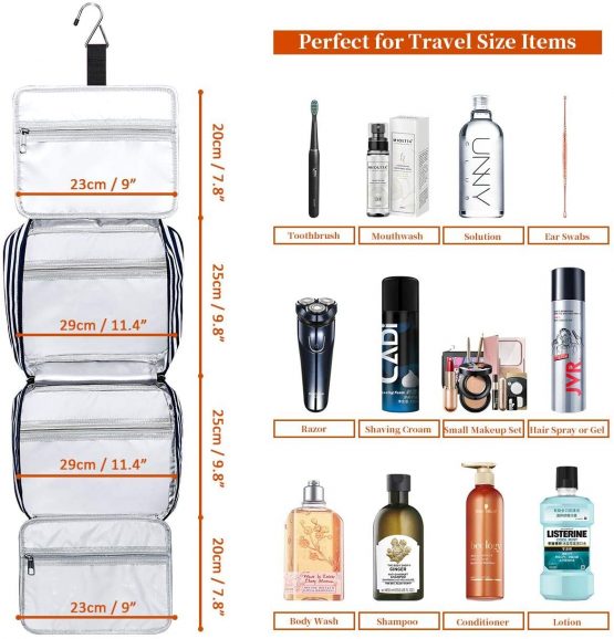 Hanging Travel Toiletry Bag, Large Capacity Wash Bag Waterproof Cosmetic Bag Makeup Organizer with 4 Compartments & 1 Sturdy Hook for Women/Men (Navy Blue & White Striped) - Image 4