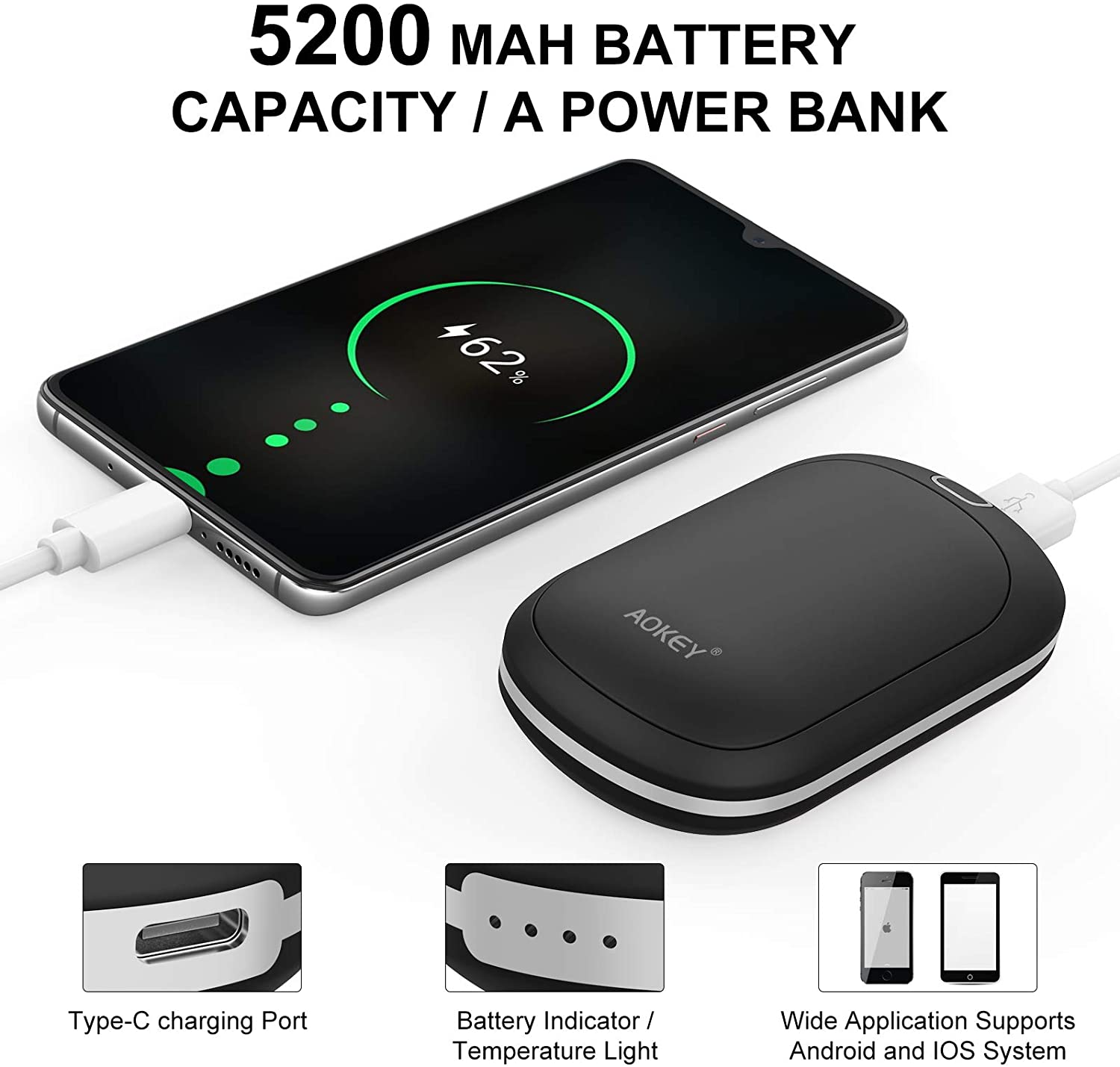 AOKEY Hand Warmers Rechargeable, 5200mAh Electric Portable USB Hand