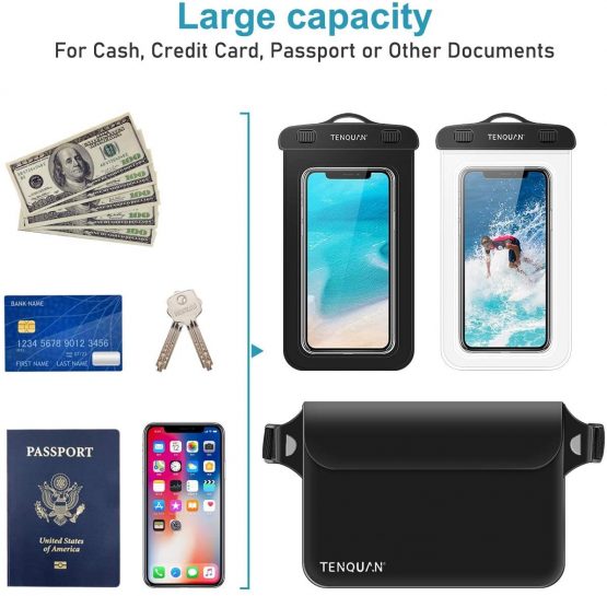 TENQUAN 2 Waterproof Cellphone Dry Bag Case & 1 Waterproof Pouch Dry Bag Case Waist Strap with Waist/Shoulder Strap Pack, Black (2 Case + 1 Pouch) - Image 2