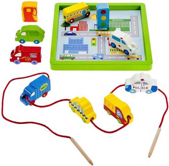 Mousehouse Gifts Boys Traditional Wooden Toy Car & Lorry Threading & Lacing Beads Play Set