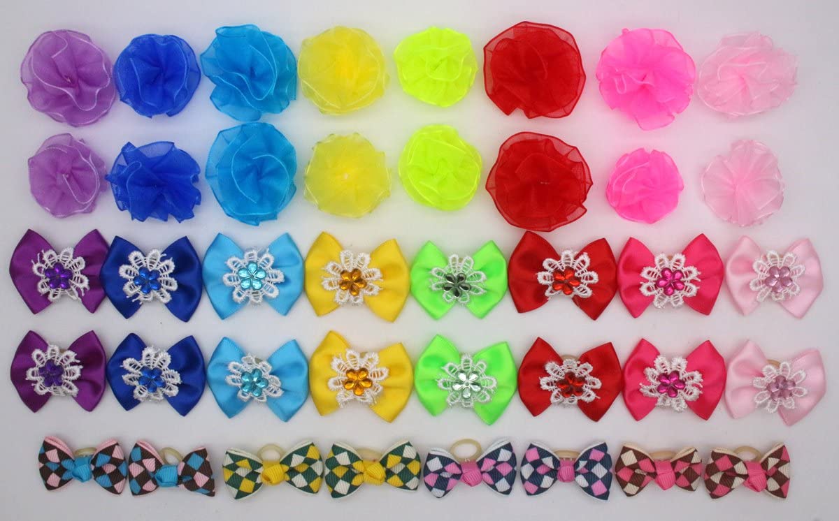HOLLIHI 40pcs / 20 works Adorable Grosgrain Ribbon Pet Dog Hair Bows with Rubber Bands - Image 3