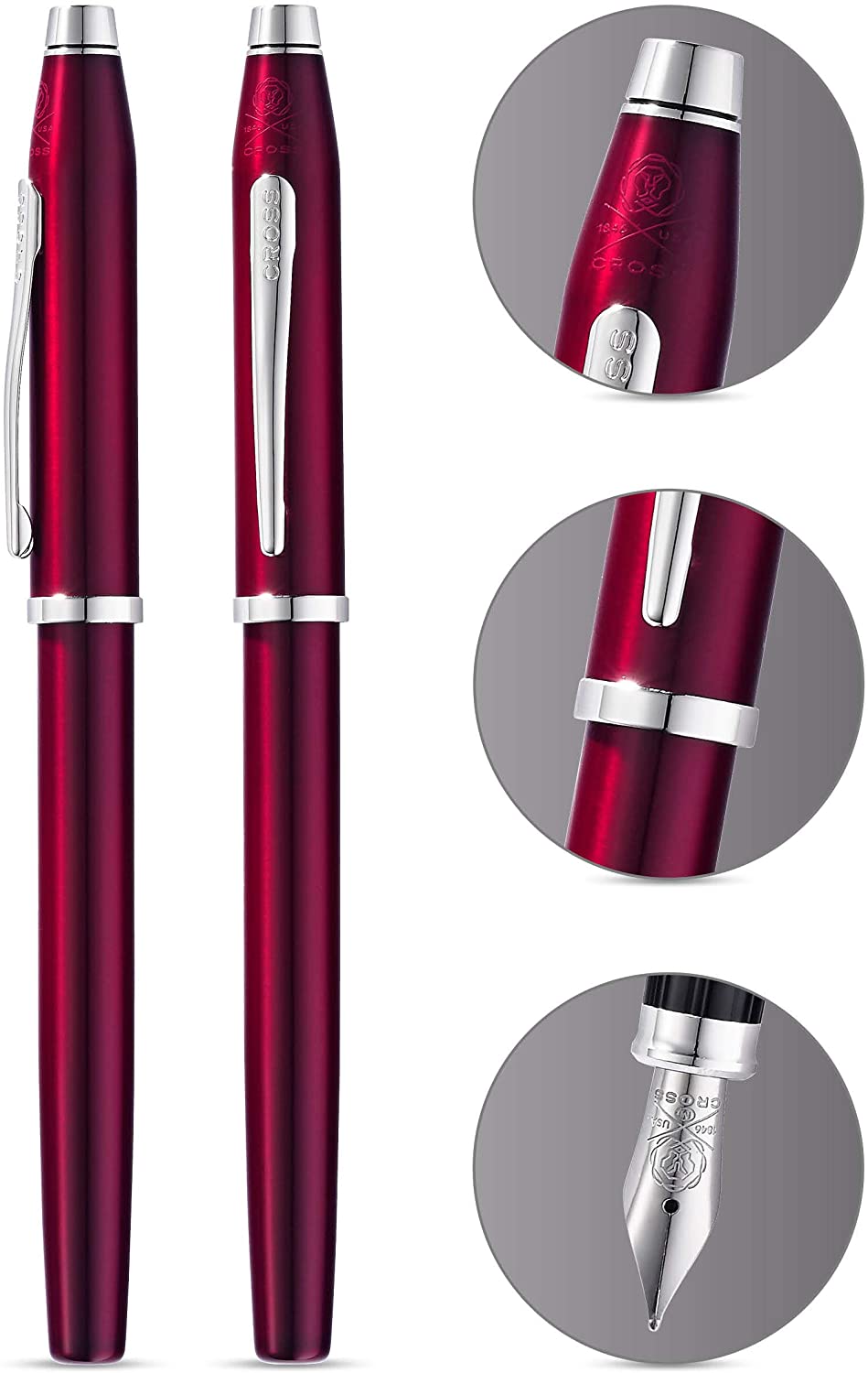 Cross Century II Translucent Plum Lacquer Fountain Pen with Rhodium-Plated Appointments and Stainless Steel Fine Nib - Image 2