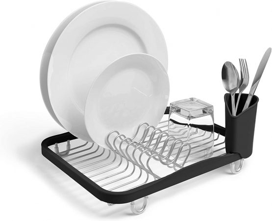 Umbra Sinkin Dish Drying Rack- Kitchen Sink Caddy with Removable Cutlery Holder, Fits In Sink or on Countertop, Smoke/Nickel