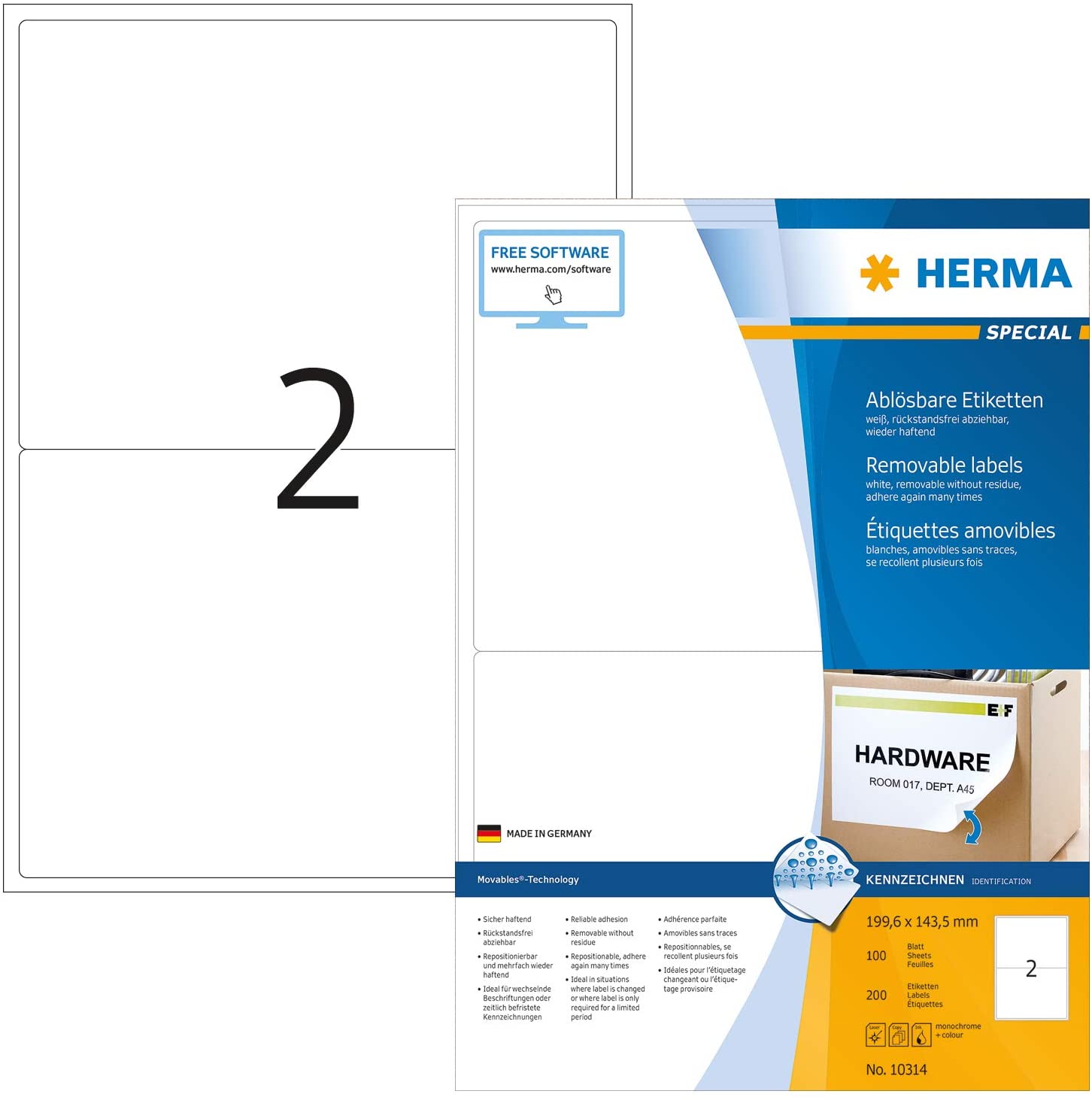 HERMA Self Adhesive Removable Labels, 2 Labels per A4 Sheet, 100 Sheets, 199.6 x 143.5 mm, 200 Labels
