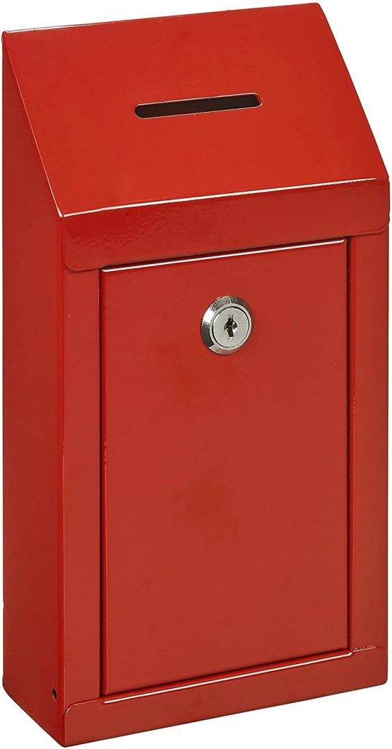 Metal Wall Mounting or CounterTop Charity Donation Collection Box Secure Suggestion and Ballot Box with Top Coin Slot, Lock Included with 2 Keys (Red)