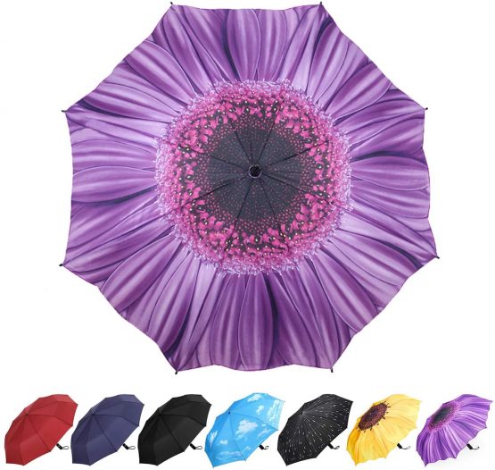 YumSur Windproof Travel Umbrellas - Lightweight Automatic Compact Folding Umbrella Violet Daisy Design, Reinforced Canopy, Auto Open/Close, for Men and Women