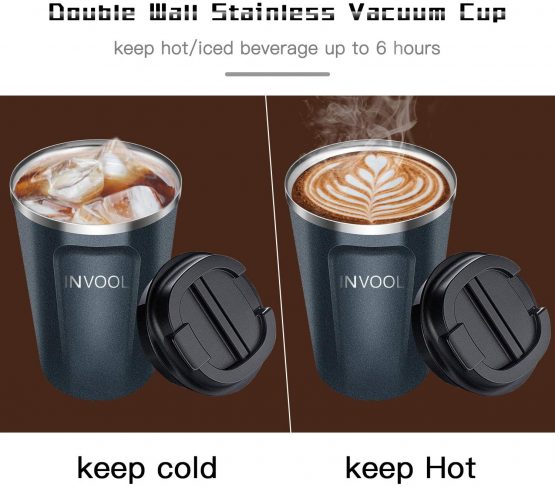 Invool Coffee Cup, Double Walled Travel Mug Vacuum Insulation Stainless Steel with Leakproof Lid Eco-Friendly Reusable Cup for Travel & to-Go Hot/Cold Drinkware(Black) - Image 4