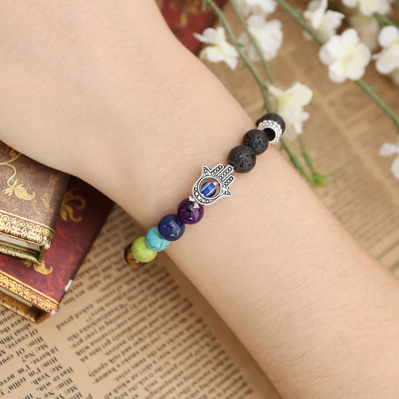 Jovivi Mens Healing Crystal Hamsa Hand Evil Eye Lava Chakra Bracelet for Women,Natural Gemstones Yoga Anxiety Good Luck Protection Beaded Bracelet Jewellery gifts for Men Women - Image 2
