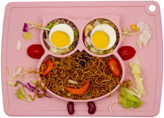 Baby Silicone Placemat, Non-Slip Feeding Plate for Toddlers Babies Kids with Strong Suction Fits Most Highchair Trays BPA-Free FDA Approved, Dishwasher and Microwave Safe (Rose Owl)