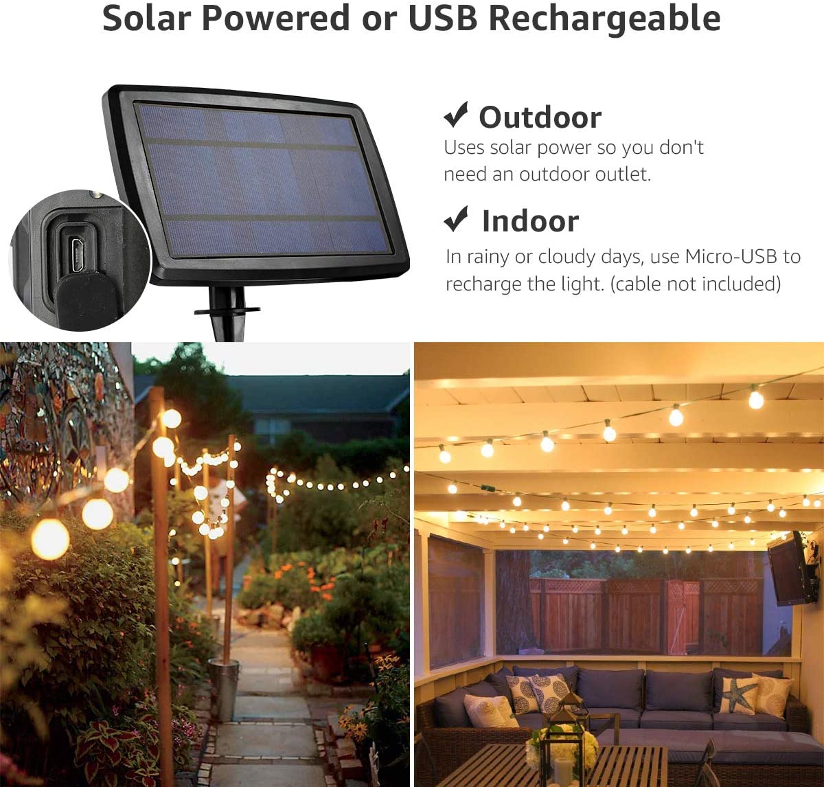 Lepro Solar Festoon Lights Outdoor, 25ft 25+1 G40 LED Bulb String Lights, 4 Modes, USB Rechargeable - Image 2