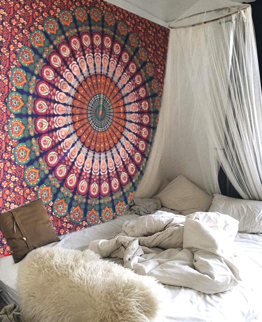 raajsee Indian Cotton Blue Orange Tapestry Mandala Wall Hangings, Boho Throw Bohemian Bedding Queen Bedspread 140X210 CMS - Image 4