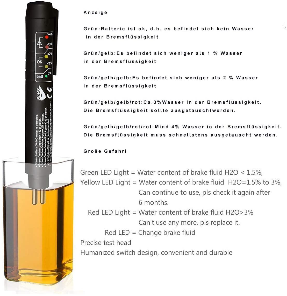 HHTEC Brake Fluid Tester Pen with LED Indicator, Car Brake Oil Tester for DOT3 DOT4 DOT5, Water Content Detector - Image 3