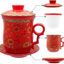 HOLLIHI Porcelain Tea Cup with Lid and Saucer Infuser Sets - Chinese Jingdezhen Ceramics Coffee Mug Teacup Loose Leaf Tea Brewing System for Home Office