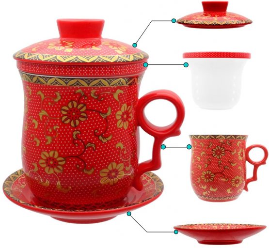 HOLLIHI Porcelain Tea Cup with Lid and Saucer Infuser Sets - Chinese Jingdezhen Ceramics Coffee Mug Teacup Loose Leaf Tea Brewing System for Home Office