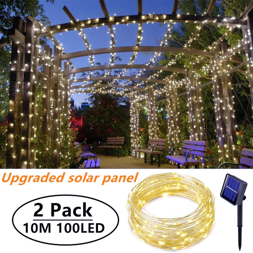 ooklee Solar Powered String Lights,Solar Fairy Lights Warm White,10 Meters/ 33Ft 100LEDS / 8 Modes,Waterproof Copper Wire Lighting for Indoor,Outdoor,Wedding,Patio,Home,Garden Decoration