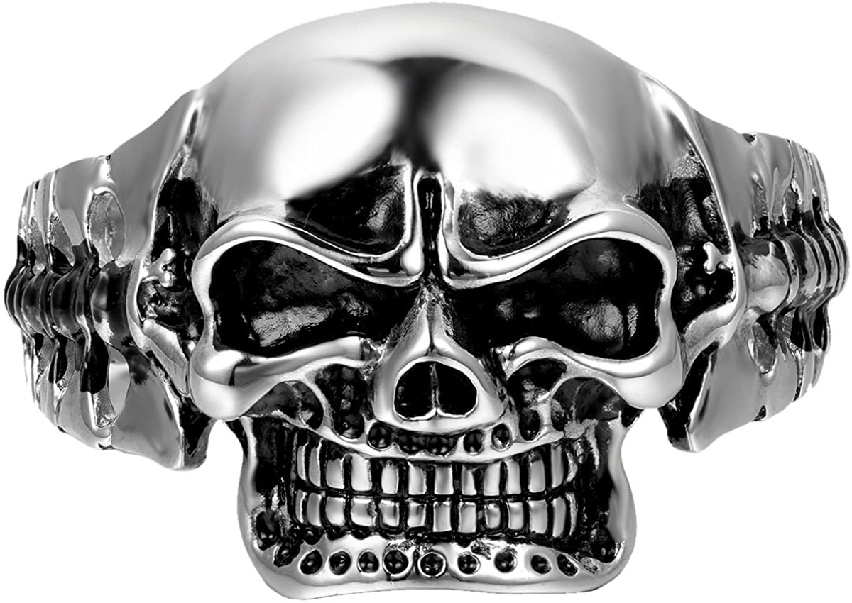 Cupimatch Men's Punk Rock Heavy Solid Stainless Steel Gothic Biker Skull Cuff Bangle Bracelet