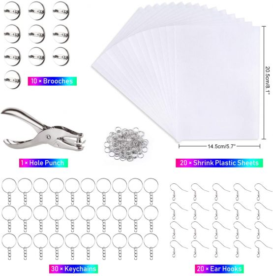TUPARKA 81 Pcs Shrink Plastic Sheet Kit，Includes 20 Blank Heat Shrink Art Paper Sheets，Hole Punch,30 Keychains,20 Ear Hooks and 10 Brooches，Shrink Film Paper Craft Accessories for Kids - Image 2