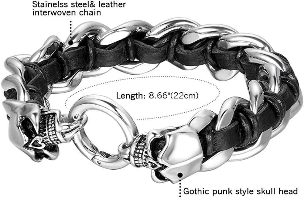 Cupimatch Men's Stainless Steel Biker Skull Leather Curb Chain Interwoven Bracelet, 8.7 Inch, Type 3, 22 centimeters - Image 2
