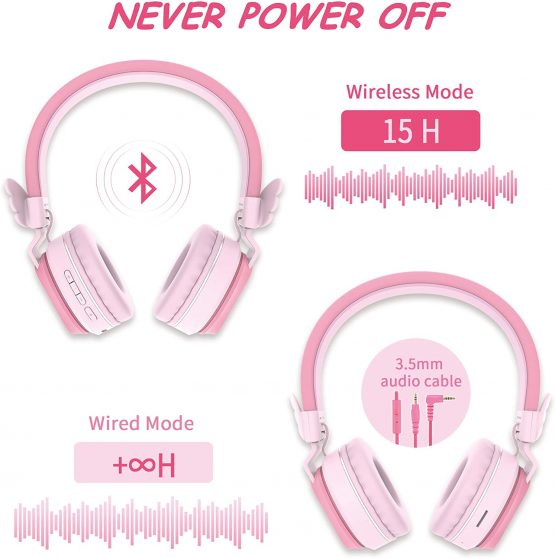 Headphones, Riwbox BT05 Wings Kids Headphones Wireless Bluetooth Over Ear 85dB/103db Volume Control Children Foldable Headphones with Mic/TF Card Compatible with Tablet/PC/Smartphone/School (Pink) - Image 2