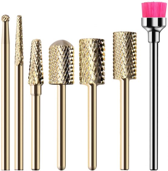 MelodySusie Nail Drill Bits Set Carbide Less Dust Professional 3/32 Inches Nail Bits Filing Acrylic Nails Gel Nails Down Removing Cuticle Tools for Electric Nail Files Drill Machine, 7pcs, Gold