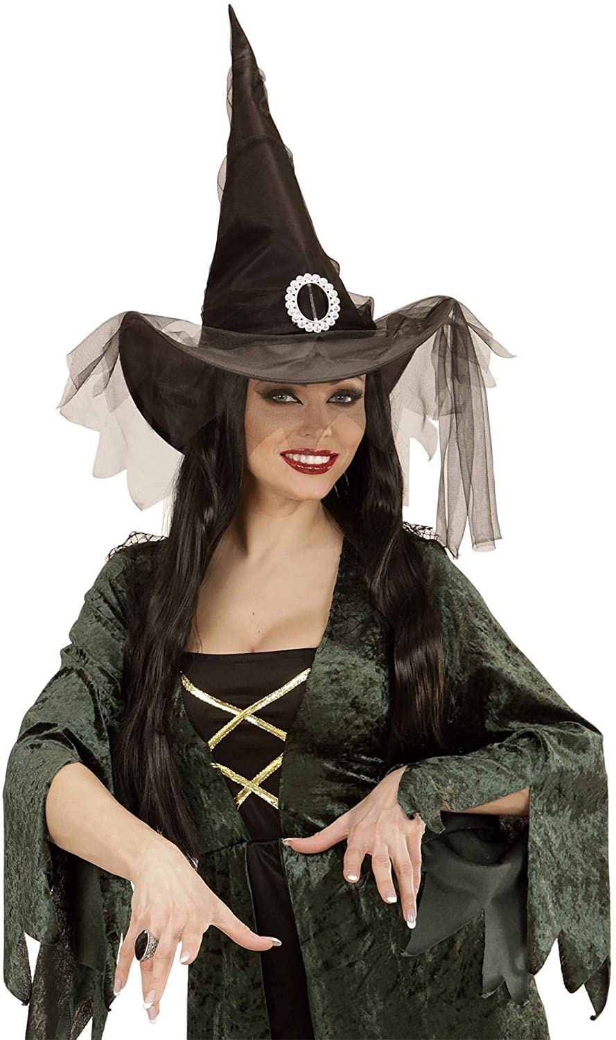 Black Witch Hat With Tulle Spooky Wicked Halloween Fancy Dress Accessory - Image 4