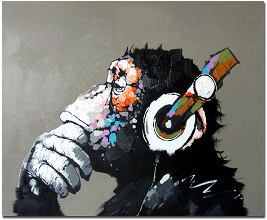 Fokenzary Hand Painted Oil Painting on Canvas Pop Art Cool Ape Listening Music with Headphone Framed Ready to Hang