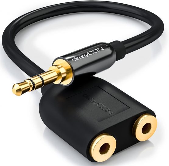 deleyCON Stereo Audio Jack Adapter - 2x 3.5mm Jack Female to 1x 3.5mm Jack Male - Black