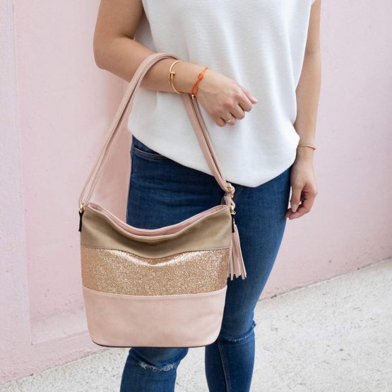 CRAZYCHIC - Women's Glitter Crossbody Bag - Hobo Bucket Bag Striped PU Leather - Shoulder Messenger Handbag Sparkle - Evening Clutch Party Bag - Tote Purse Casual Fashion Travel City - Coffee - Image 3