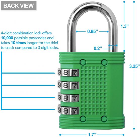 Padlock 4 Digit Combination Lock - for Gym School Locker, Outdoor Gate, Shed, Fence, and Storage - Weatherproof Metal - Keyless, Easy to Set, Resettable - Green - Image 2
